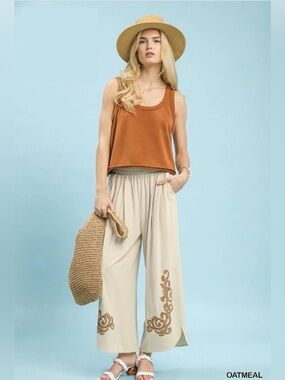 Umgee Linen Embroidered Wide-Leg Boho Pants – Cream🛍️